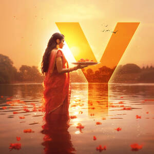 A woman in a traditional saree offering a plate of fruits with a large letter 'Y' in the background.