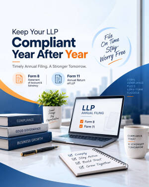 A laptop and notebook on a desk promoting LLP annual filing and compliance services.