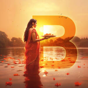A woman in a traditional saree offering prayers during Durga Puja with a large 'B' in the background.