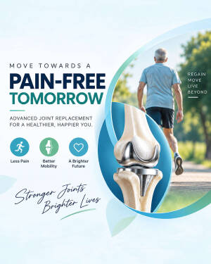 An advertisement for joint replacement surgery showing a senior man walking comfortably in a park next to an illustration of a knee implant.