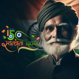 Portrait of an elderly man with a turban and Indian flag background