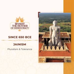 Image of a Jain statue with text promoting Bharat as the mother of democracy and Jainism's principles.