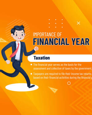 Illustration of a businessman running with text about financial year and taxation.