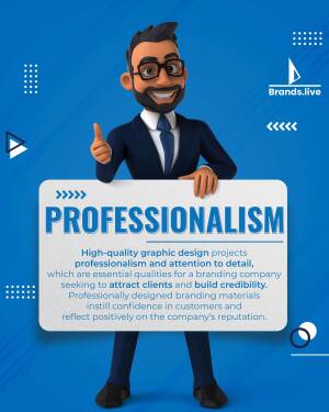 3D illustration of a businessman presenting a 'Professionalism' card with text about graphic design services.