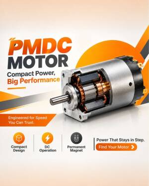 A close-up view of a high-performance PMDC motor with internal components visible.