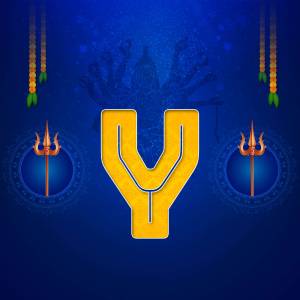 Golden letter Y with Durga Puja elements on a blue background