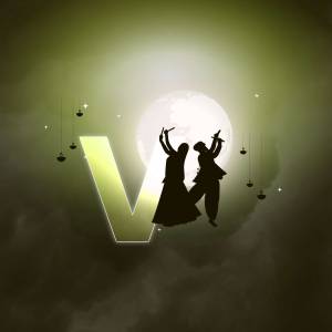 Silhouette of dancers celebrating Navratri in front of a full moon with a large letter V
