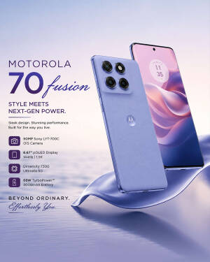 Motorola 70 Fusion smartphone showcasing sleek lilac design and high-end camera features