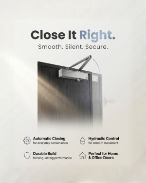 A professional automatic hydraulic door closer installed on a dark wood door for home and office security.