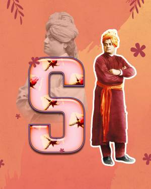 Portrait of Swami Vivekananda with a large letter S and floral elements