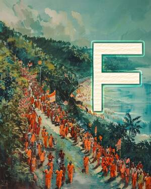 A vibrant painting of a procession of Buddhist monks walking along a coastal road.