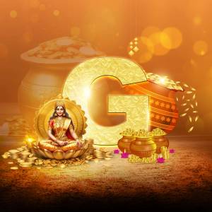 Image of Goddess Lakshmi seated on a lotus with gold coins and a large golden 'G'