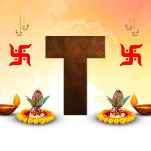 Letter T with Diwali decorations including Swastika, lamps, and coconuts