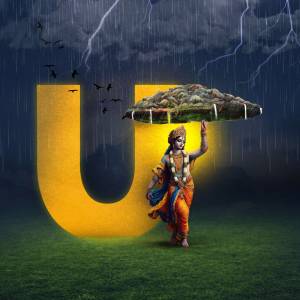 Lord Krishna lifting Govardhan Hill during a storm