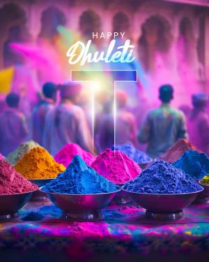 Colorful powders and a Dhulandi greeting in a festive setting.