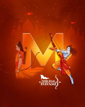 Illustration of Lord Rama aiming an arrow with the letter 'M' in the background, celebrating Ram Navami.