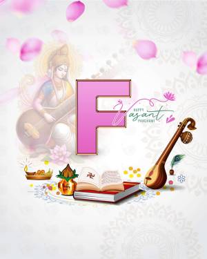 Letter F with Saraswati Goddess and Basant Panchami elements