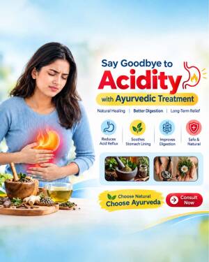 A woman holding her stomach in pain next to an infographic about natural Ayurvedic acidity relief.