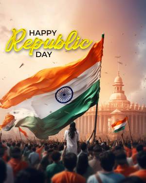 Indian flag waving with Republic Day greetings and crowd in the background