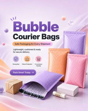 Various colored bubble courier bags on a soft lavender background with e-commerce packaging icons