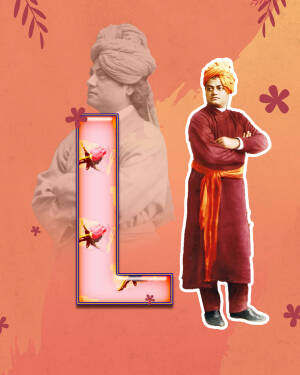 Artistic depiction of Swami Vivekananda with the letter L and floral elements.