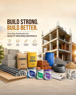 A collection of construction materials including cement bags, bricks, metal rods, and pipes for building projects.