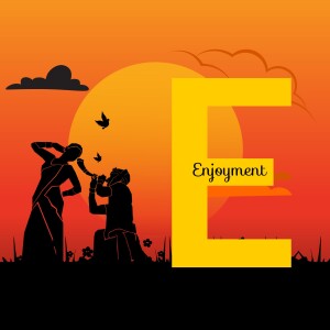 Silhouette of a couple enjoying a sunset with a large letter E