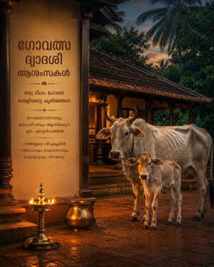 A traditional Indian house scene with a cow and calf and a glowing diya lamp for Govatsa Dwadashi celebration.