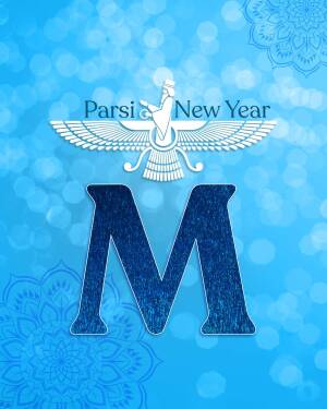 Parsi New Year greeting with Faravahar symbol and letter M