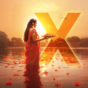 Woman in traditional Indian saree offering prayers with a plate of fruits in a serene lakeside setting with a large 'X' graphic overlay.