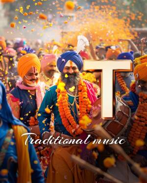 A vibrant image of a man in traditional attire celebrating Holi with flower petals and musical instruments.