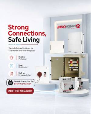 A product display featuring Indoasian electrical distribution boards and circuit breakers for safe home electricity management.