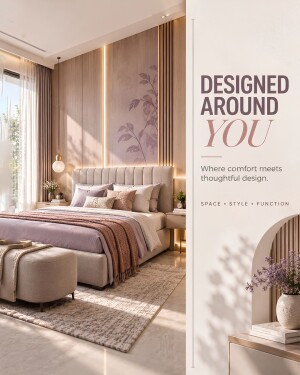 A beautifully designed modern bedroom with neutral tones, soft lighting, and an upholstered bed