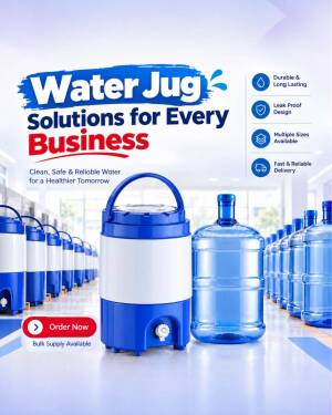 A variety of blue water jugs and containers for business use
