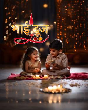 A brother and sister celebrating Bhai Dooj with sweets and diyas.