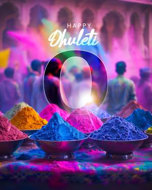 Colorful powder piles and a large '0' with people celebrating Dhulleti in the background