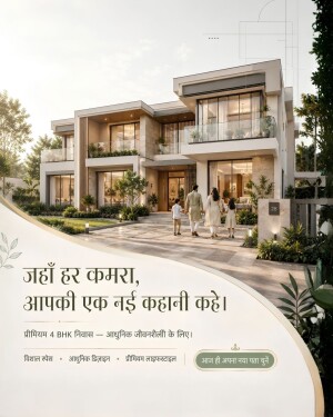 A family walking towards a modern luxury 4 BHK villa with lush landscaping at sunset.