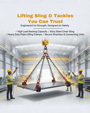 Workers using heavy duty industrial lifting slings and clamps to hoist a steel plate in a warehouse.