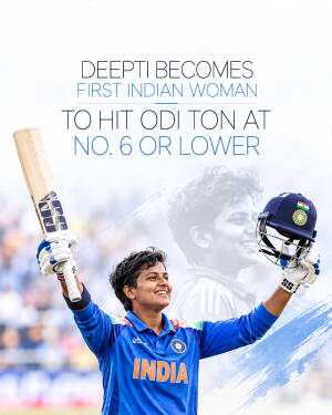 Deepti Sharma celebrating after becoming the first Indian woman to score an ODI century batting at number six or lower