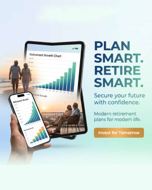 Person holding a smartphone displaying retirement growth charts with a larger tablet in the background showing retirement imagery and text reading Plan Smart Retire Smart.