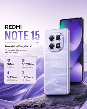 Promotional graphic for the Redmi Note 15 smartphone in purple featuring key specifications like 108MP camera and 5520mAh battery