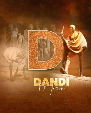 Image depicting Mahatma Gandhi leading the Dandi March with a large 'D' overlay.