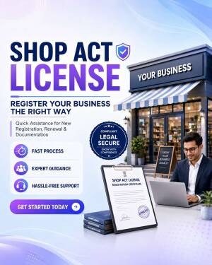 Professional business owner working on a laptop with a Shop Act License registration document in the foreground.