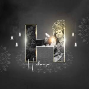 Image of Goddess Durga framed within the letter 'H' in a stylized design.