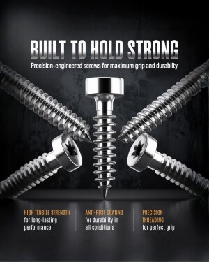 A collection of shiny, precision-engineered metal screws displayed against a dark textured background