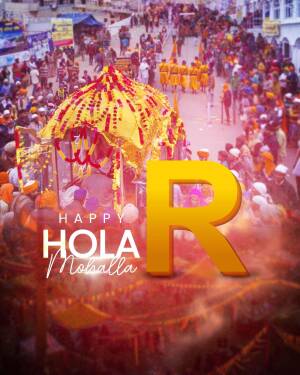 A vibrant image depicting a Hola Mohalla procession with a large crowd and a prominent 'Happy Hola Mohalla' text overlay.