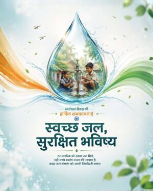 A water drop frame showing children at a water tap with Indian tricolor background for Independence Day