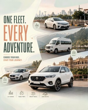 A montage of various white vehicles including a city car, a travel van, and an SUV for different travel needs.