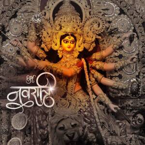 Close-up of a beautifully decorated Durga idol during Navratri