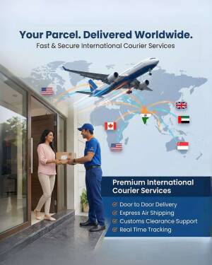 A delivery man handing a parcel to a customer at their doorstep with a world map and airplane in the background
